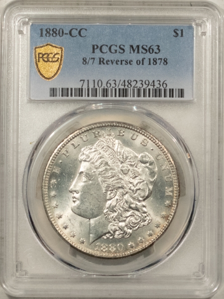 Morgan Dollars 1880-CC MORGAN DOLLAR 8/7 REVERSE OF 1878 – PCGS MS63, BLAST WHITE! CARSON CITY!