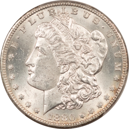 Morgan Dollars 1880-CC MORGAN DOLLAR 8/7 REVERSE OF 1878 – PCGS MS63, BLAST WHITE! CARSON CITY!