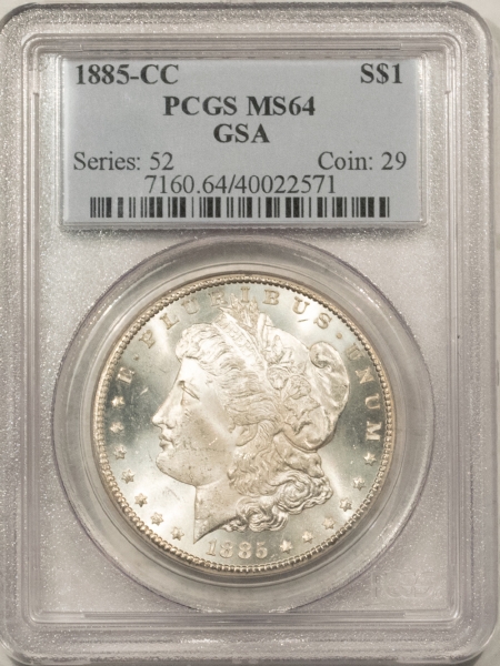 Morgan Dollars 1885-CC MORGAN DOLLAR – PCGS MS-64, WHITE & FROSTY! CARSON CITY!