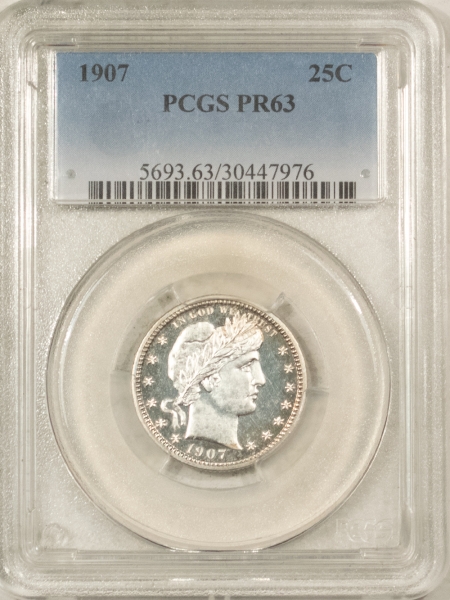 Barber Quarters 1907 PROOF BARBER QUARTER – PCGS PR-63, LOOKS CAMEO!