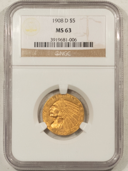 $5 1908-D $5 INDIAN GOLD – NGC MS-63, TOUGH DATE! CHOICE!