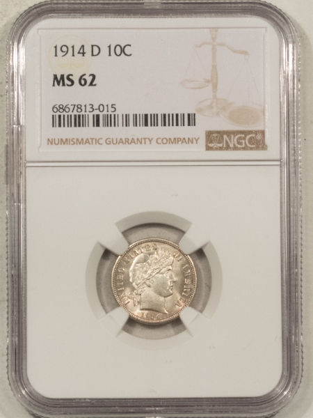 Barber Dimes 1914-D BARBER DIME – NGC MS-62, FRESH!