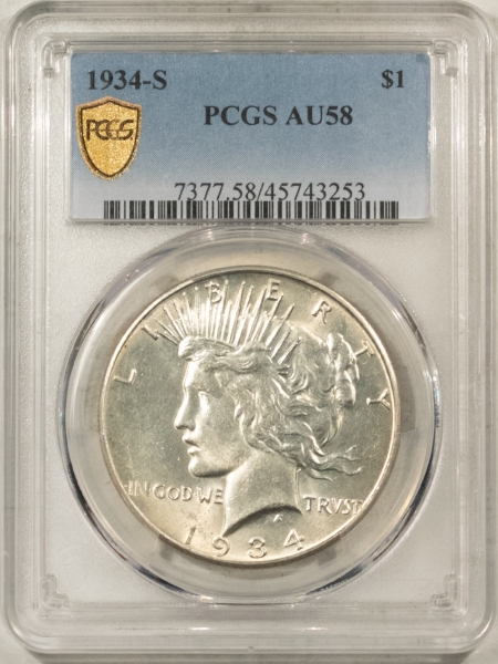 New Certified Coins 1934-S PEACE DOLLAR – PCGS AU-58, WHITE! KEY DATE!