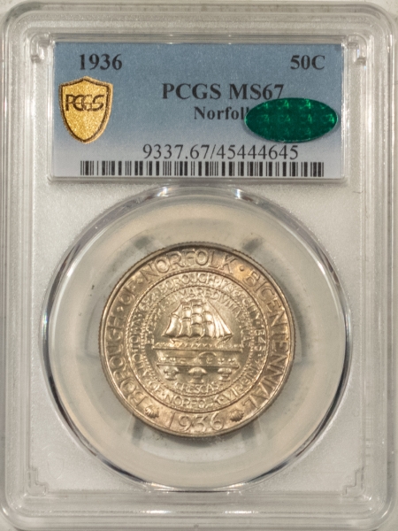 CAC Approved Coins 1936 NORFOLK COMMEMORATIVE HALF DOLLAR – PCGS MS-67, SUPERB! PQ & CAC APPROVED!