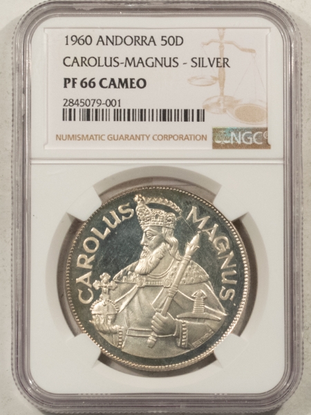 New Certified Coins 1960 ANDORRA 50 DINEARS CAROLUS-MAGNUS SILVER, NGC PF-66 CAMEO, POP 1