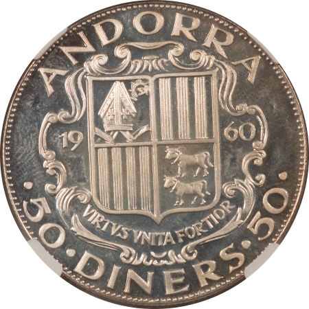 New Certified Coins 1960 ANDORRA 50 DINEARS CAROLUS-MAGNUS SILVER, NGC PF-66 CAMEO, POP 1