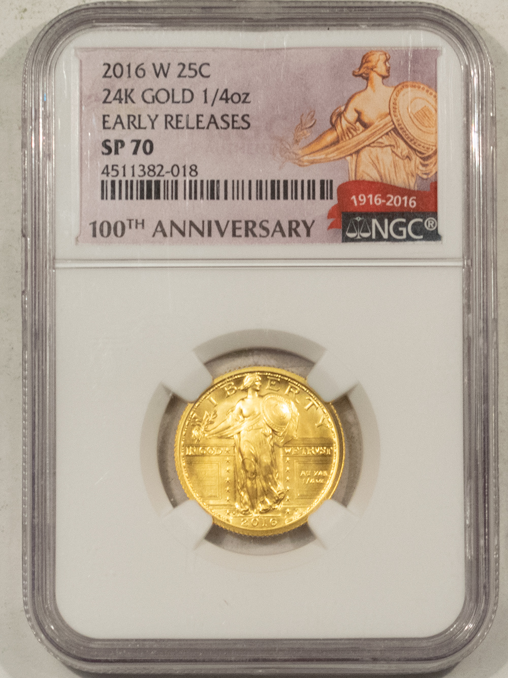 2016-W 24K GOLD STANDING LIBERTY QUARTER 1/4 OZ NGC SP70 EARLY