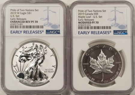 American Silver Eagles 2019 PRIDE OF 2 NATIONS 2 COIN SET AMERICAN SILVER EAGLE & CANADA MAPLE NGC PF70