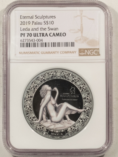 New Certified Coins 2019 PALAU $10 2 OZ SILVER, ETERNAL SCULPTURES LEDA AND THE SWAN, NGC PF-70 UCAM