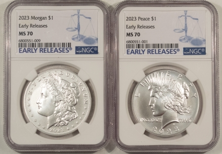 Morgan Dollars 2023 MORGAN & PEACE DOLLAR SILVER COMMEM 2 COIN SET – NGC MS-70, EARLY RELEASES!