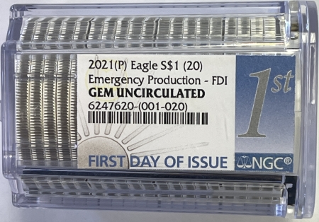 American Silver Eagles 2021(P) TY 1 20 COIN 1OZ AMERICAN SILVER EAGLE ROLL NGC GEM BU 1ST DAY EMERGENCY