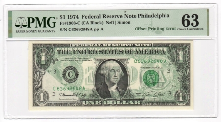 New Store Items 1974 $1 FEDERAL RESERVE NOTE, FR-1608-C, OFFSET PRINTING ERROR, PMG CH CU-63