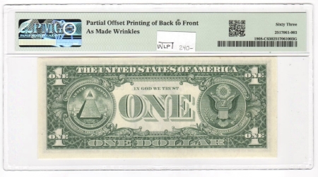 New Store Items 1974 $1 FEDERAL RESERVE NOTE, FR-1608-C, OFFSET PRINTING ERROR, PMG CH CU-63