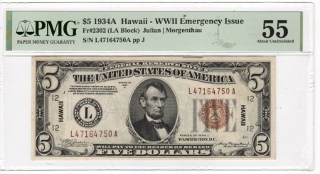 New Store Items 1934-A $5 HAWAII, WWII EMERGENCY ISSUE, #FR-2302, PMG AU-55; LOOKS CHOICE UNC!