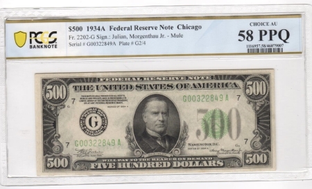 New Store Items 1934-A $500 FEDERAL RESERVE NOTE, CHICAGO, FR-2202G, PCGS CH AU-58 PPQ-LOOKS UNC