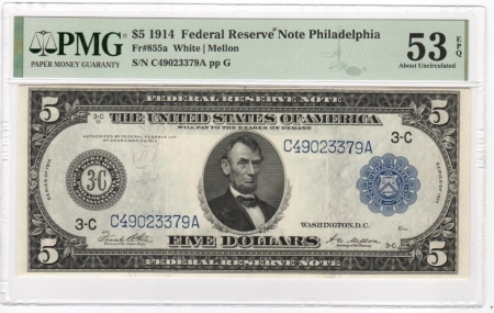 Large Federal Reserve Notes 1914 $5 FEDERAL RESERVE NOTE, FR-855a, PHILADELPHIA, PMG AU-53 EPQ!