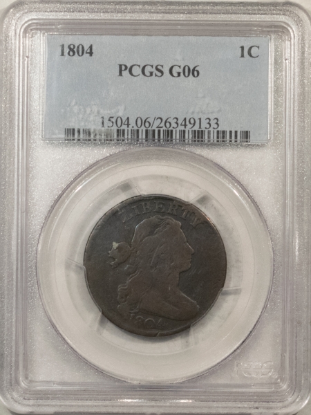 Draped Bust Large Cents 1804 DRAPED BUST LARGE CENT, S-266C – PCGS G-6, NICE SURFACES & PQ! TOUGH KEY!