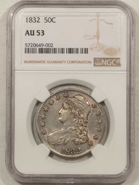 Early Halves 1832 CAPPED BUST HALF DOLLAR – NGC AU-53, MOSTLY WHITE & LUSTROUS!