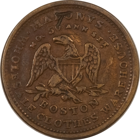 Exonumia 1850s MERCHANT TOKEN, MAHONEYS WHOLESALE CLOTHES BOSTON MA, MASS-49, VF/XF, MARK