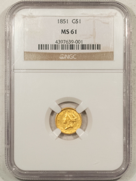 $1 1851 $1 GOLD DOLLAR – NGC MS-61, LUSTROUS!