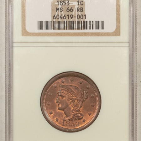U.S. Certified Coins 1853 BRAIDED HAIR LARGE CENT – NGC MS-66 RB, SMOOTH & LUSTROUS GEM!