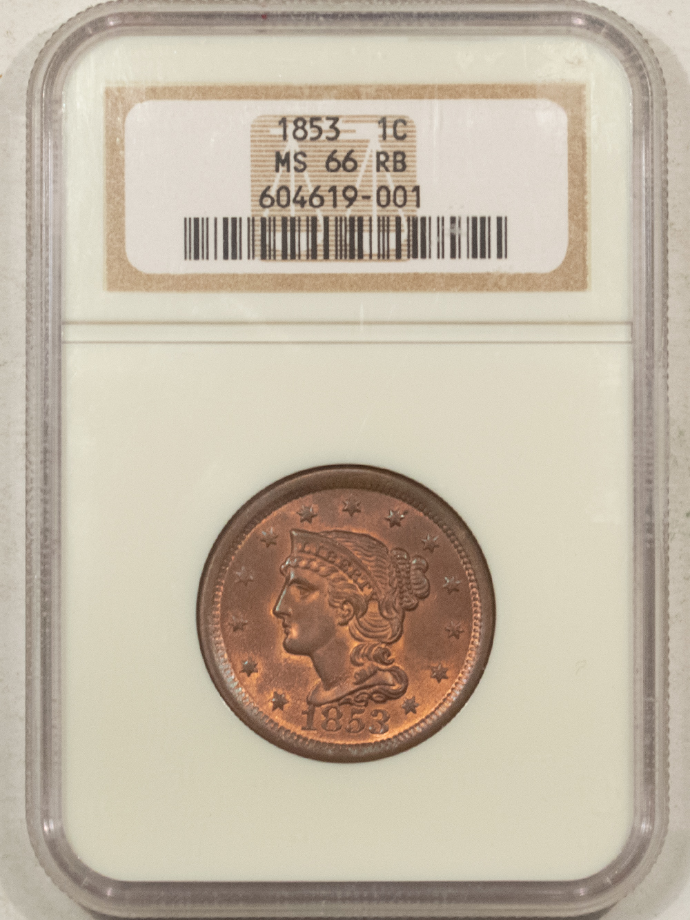 1853 BRAIDED HAIR LARGE CENT - NGC MS-66 RB, SMOOTH & LUSTROUS GEM