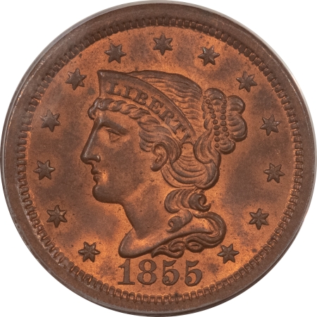 Braided Hair Large Cents 1855 UPRIGHT 55, N-4, BRAIDED HAIR LARGE CENT – PCGS MS-65 RB, PREMIUM QUALITY!