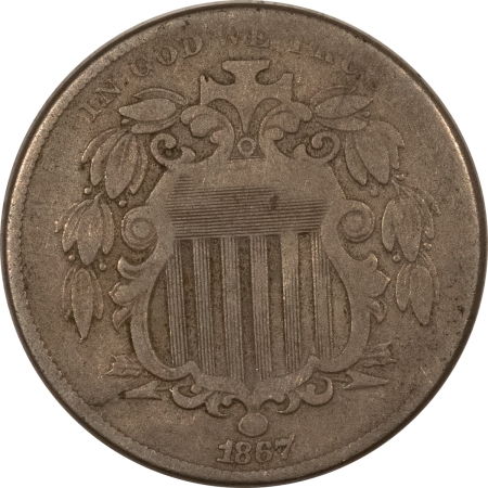 Shield Nickels 1867 SHIELD NICKEL, NO RAYS – NICE! PLEASING CIRCULATED EXAMPLE!