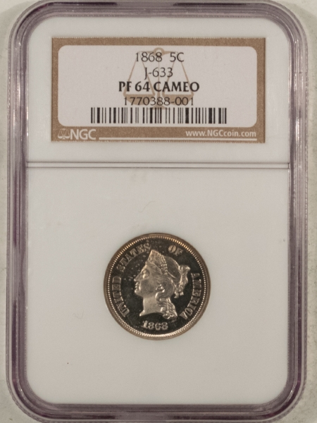 New Certified Coins 1868 PROOF 5C PATTERN, J-633 – NGC PF-64 CAMEO