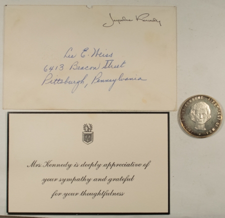 Exonumia 1963 JAQUELINE KENNEDY MEMORIAL CARD/ENVELOPE & SILVER MOURNING MEDAL-RARE PAIR!