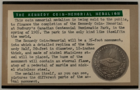 Exonumia 1964/65 CANADA JOHN F KENNEDY MEMORIAL, CENTENNIAL NUMISMATIC PARK SILVER MEDAL