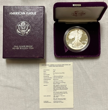 American Silver Eagles 1987-S $1 PROOF AMERICAN SILVER EAGLE, 1 OZ – GEM PROOF WITH BOX AND COA!