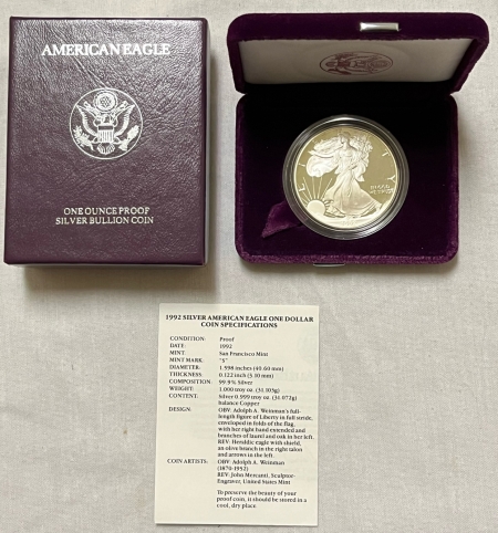 American Silver Eagles 1992-S $1 PROOF AMERICAN SILVER EAGLE, 1 OZ – GEM PROOF WITH BOX AND COA!