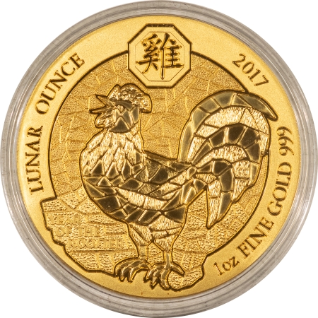 New Store Items RWANDA 2017 100 FRANCS, YEAR OF ROOSTER, 1 OZ GOLD, GEM PL BU, MINATGE-100, OGP