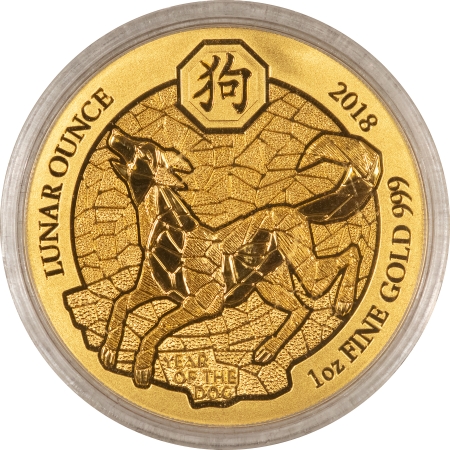 World Certified Coins RWANDA 2018 100 FRANCS, YEAR OF THE DOG, 1 OZ GOLD, GEM PL BU, MINATGE-188, OGP