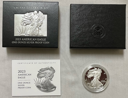 American Silver Eagles 2023-W $1 PROOF AMERICAN SILVER EAGLE, 1 OZ – GEM PROOF WITH BOX AND COA!