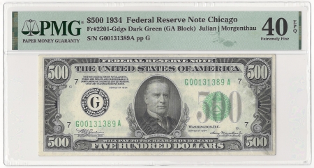 New Store Items 1934 $500 FEDERAL RESERVE NOTE, CHICAGO, FR-2201-Gdgs, DARK GREEN, PMG EF-40 EPQ