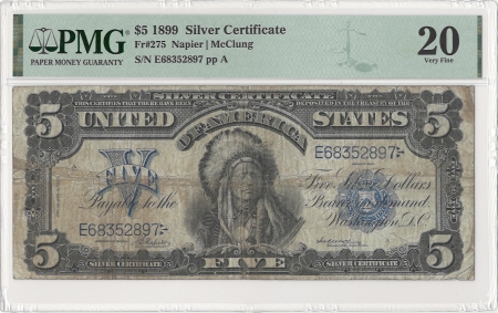 Large Silver Certificates 1899 $5 SILVER CERTIFICATE, “CHIEF”, FR-275 NAPIER/McCLUNG, PMG VF-20, FRESH!