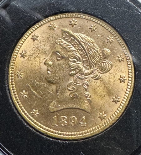 $10 1894 $10 GOLD LIBERTY, MS-60+; A LUSTROUS B.U EXAMPLE, MARKS CONSISTENT W/ GRADE