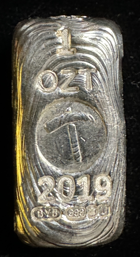 Bullion UNIQUE BYB 1 OZ POURED .999 SILVER BAR, W/ MINER’S PICK-AXE LOGO-COOL!