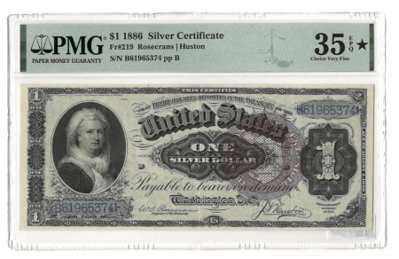 Large Silver Certificates 1886 $1 SILVER CERTIFICATE, FR-219, ROSECRANS-HUSTON, PMG CH VF-35 EPQ *-FRESH!