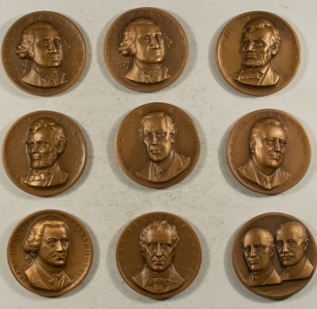 Exonumia LOT OF 9 MEDALLIC ARTS BRONZE PRESIDENTIAL MEDALS (7 DIFFERENT), 32mm, ca 1960’s