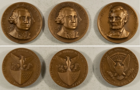 Exonumia LOT OF 9 MEDALLIC ARTS BRONZE PRESIDENTIAL MEDALS (7 DIFFERENT), 32mm, ca 1960’s