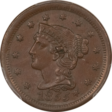 Coronet Head Large Cents 1855 CORONET HEAD LARGE CENT, N-9, R-1, KNOB ON EAR – PCGS AU-53, NICE ORIGINAL!