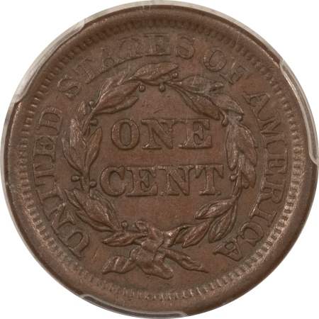 Coronet Head Large Cents 1855 CORONET HEAD LARGE CENT, N-9, R-1, KNOB ON EAR – PCGS AU-53, NICE ORIGINAL!