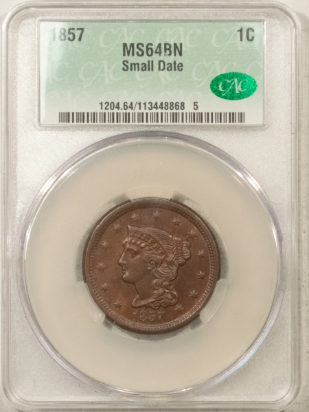 Braided Hair Large Cents 1857 SMALL DATE BRAIDED HAIR LARGE CENT – CACG MS-64 BN, PQ & LOOKS FULLY GEM!