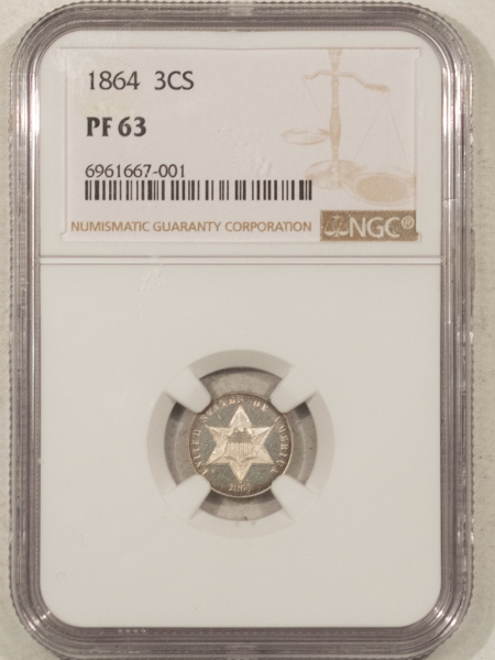 New Certified Coins 1864 PROOF THREE CENT SILVER – NGC PF-63, FLASHY WITH A GREAT LOOK!