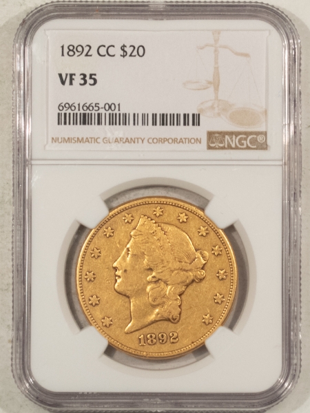 $20 1892-CC $20 LIBERTY GOLD – NGC VF-35, NICE PLEASING EXAMPLE, TOUGHER CARSON CITY