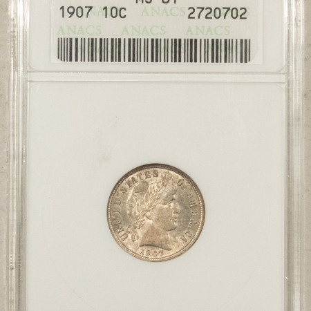 U.S. Certified Coins 1907 BARBER DIME – ANACS MS-61, OLD WHITE HOLDER & PREMIUM QUALITY!