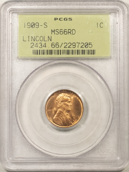 Lincoln Cents (Wheat) 1909-S LINCOLN CENT – PCGS MS-66 RD OLD GREEN HOLDER, BLAZING RED & PQ!